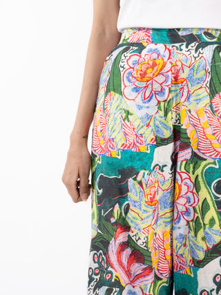 Green Floral Printed Cotton Straight Pants