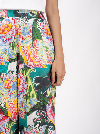 Green Floral Printed Cotton Straight Pants