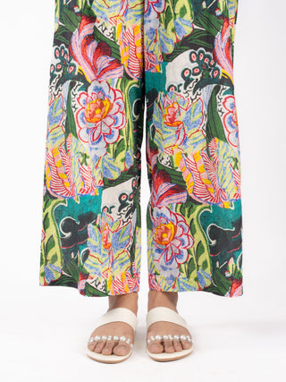Green Floral Printed Cotton Straight Pants