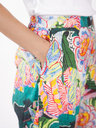 Green Floral Printed Cotton Straight Pants