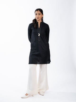 Black Lawn Textured Co-ord Set | Contrast Pants | For Women