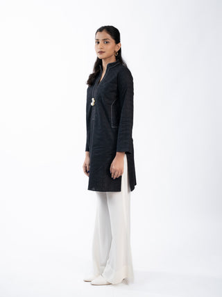 Black Lawn Textured Co-ord Set | Contrast Pants | For Women