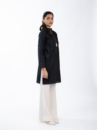 Black Lawn Textured Co-ord Set | Contrast Pants | For Women