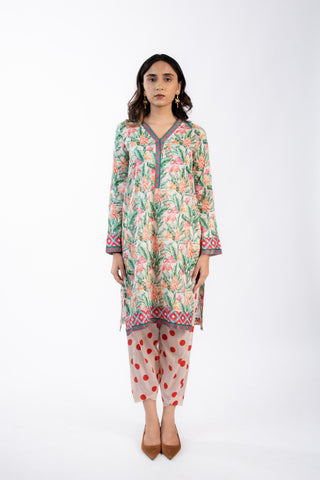 Seafoam Green & Peach Lawn Printed Kurta Set | Daily Wear | For Women