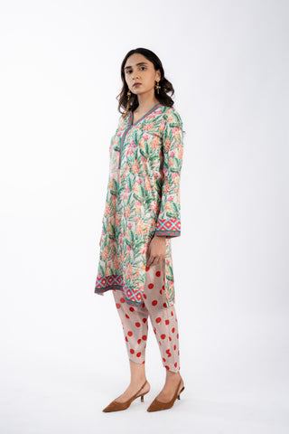 Seafoam Green & Peach Lawn Printed Kurta Set | Daily Wear | For Women