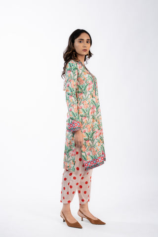 Seafoam Green & Peach Lawn Printed Kurta Set | Daily Wear | For Women