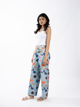 Blue Floral Printed Cotton Straight Pants