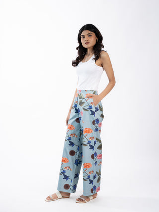 Blue Floral Printed Cotton Straight Pants