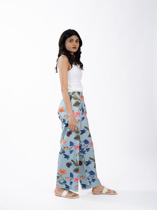Blue Floral Printed Cotton Straight Pants