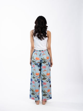 Blue Floral Printed Cotton Straight Pants