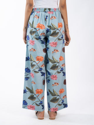 Blue Floral Printed Cotton Straight Pants