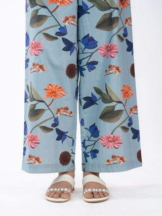 Blue Floral Printed Cotton Straight Pants