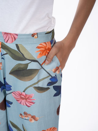 Blue Floral Printed Cotton Straight Pants
