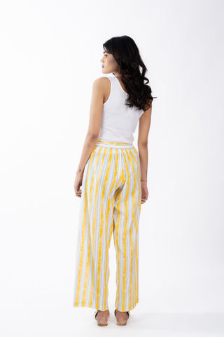 Yellow & White Stripes Linen Straight Pants