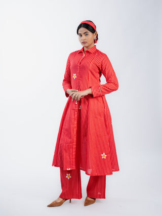 Red Stripes Straight Kurta Set with Straight Pants