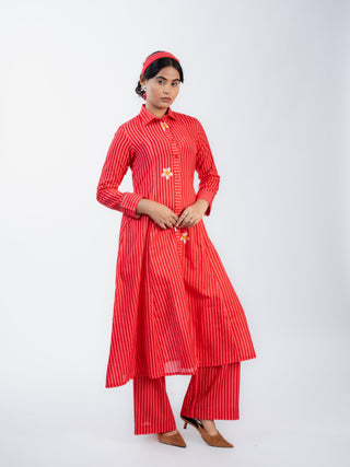 Red Stripes Straight Kurta Set with Straight Pants