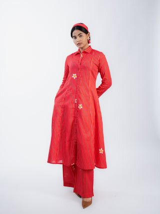 Red Stripes Straight Kurta Set with Straight Pants