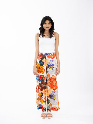 Orange Floral Printed Cotton Box Pleat Wide-Leg Pants