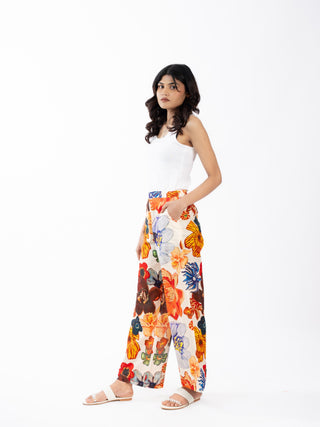 Orange Floral Printed Cotton Box Pleat Wide-Leg Pants