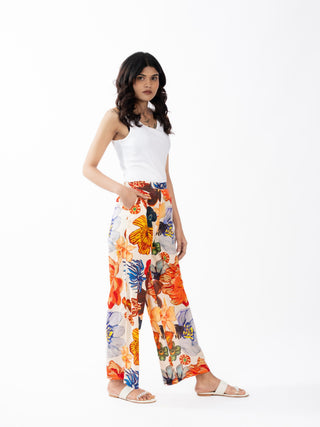 Orange Floral Printed Cotton Box Pleat Wide-Leg Pants