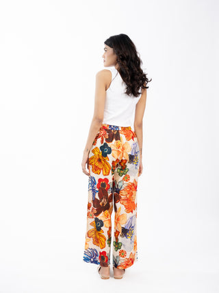 Orange Floral Printed Cotton Box Pleat Wide-Leg Pants