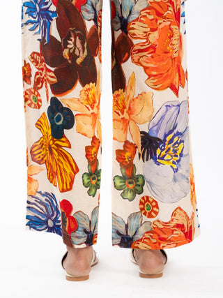 Orange Floral Printed Cotton Box Pleat Wide-Leg Pants