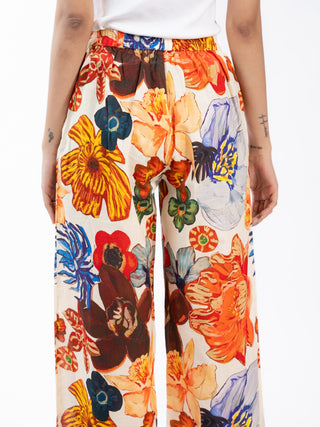 Orange Floral Printed Cotton Box Pleat Wide-Leg Pants