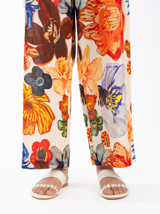 Orange Floral Printed Cotton Box Pleat Wide-Leg Pants