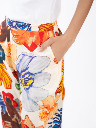 Orange Floral Printed Cotton Box Pleat Wide-Leg Pants