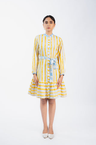 High Neck Yellow Stripes Dress With Belt
