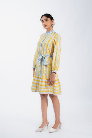 High Neck Yellow Stripes Dress With Belt