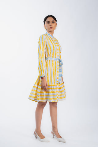 High Neck Yellow Stripes Dress With Belt