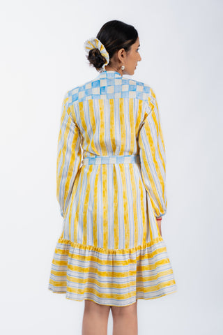 High Neck Yellow Stripes Dress With Belt