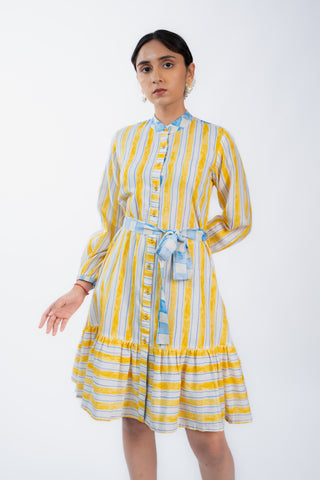 High Neck Yellow Stripes Dress With Belt