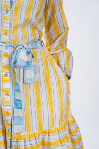 High Neck Yellow Stripes Dress With Belt