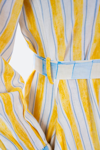 High Neck Yellow Stripes Dress With Belt