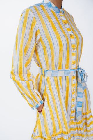 High Neck Yellow Stripes Dress With Belt
