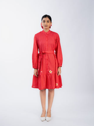 High Neck Red Stripes Dress with Belt