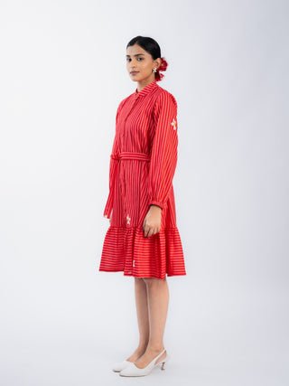 High Neck Red Stripes Dress with Belt