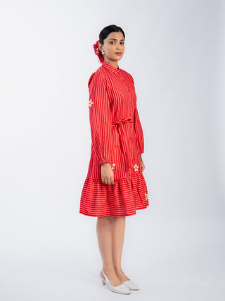 High Neck Red Stripes Dress with Belt
