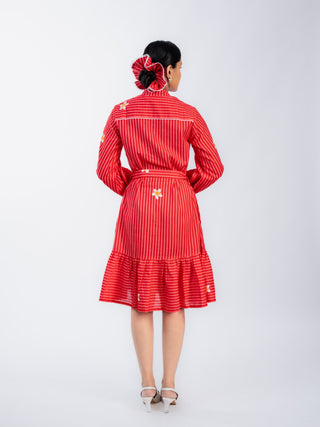 High Neck Red Stripes Dress with Belt