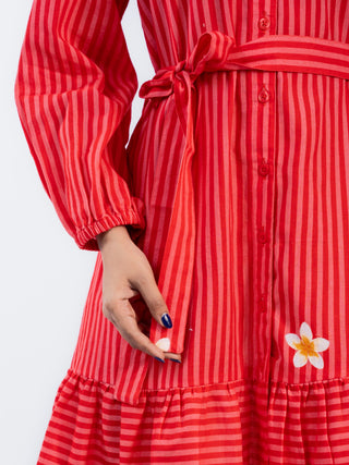 High Neck Red Stripes Dress with Belt