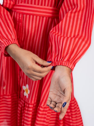 High Neck Red Stripes Dress with Belt