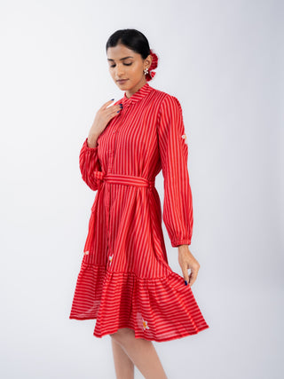 High Neck Red Stripes Dress with Belt