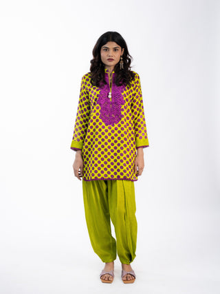 Green Purple Cotton Printed Short Kurta Set | Bandhani Style | For Women