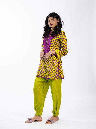 Green Purple Cotton Printed Short Kurta Set | Bandhani Style | For Women