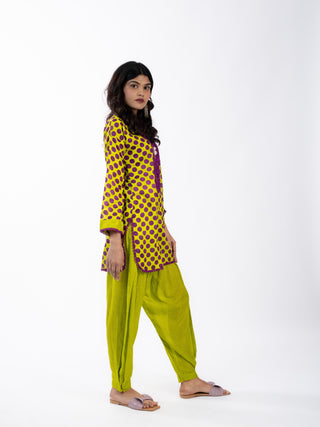 Green Purple Cotton Printed Short Kurta Set | Bandhani Style | For Women