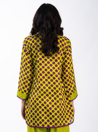 Green Purple Cotton Printed Short Kurta Set | Bandhani Style | For Women