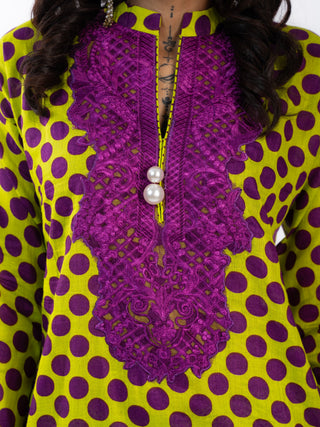 Green Purple Cotton Printed Short Kurta Set | Bandhani Style | For Women