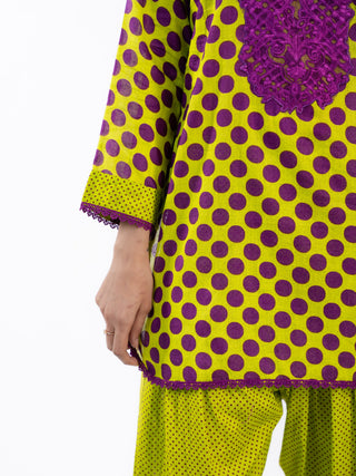 Green Purple Cotton Printed Short Kurta Set | Bandhani Style | For Women